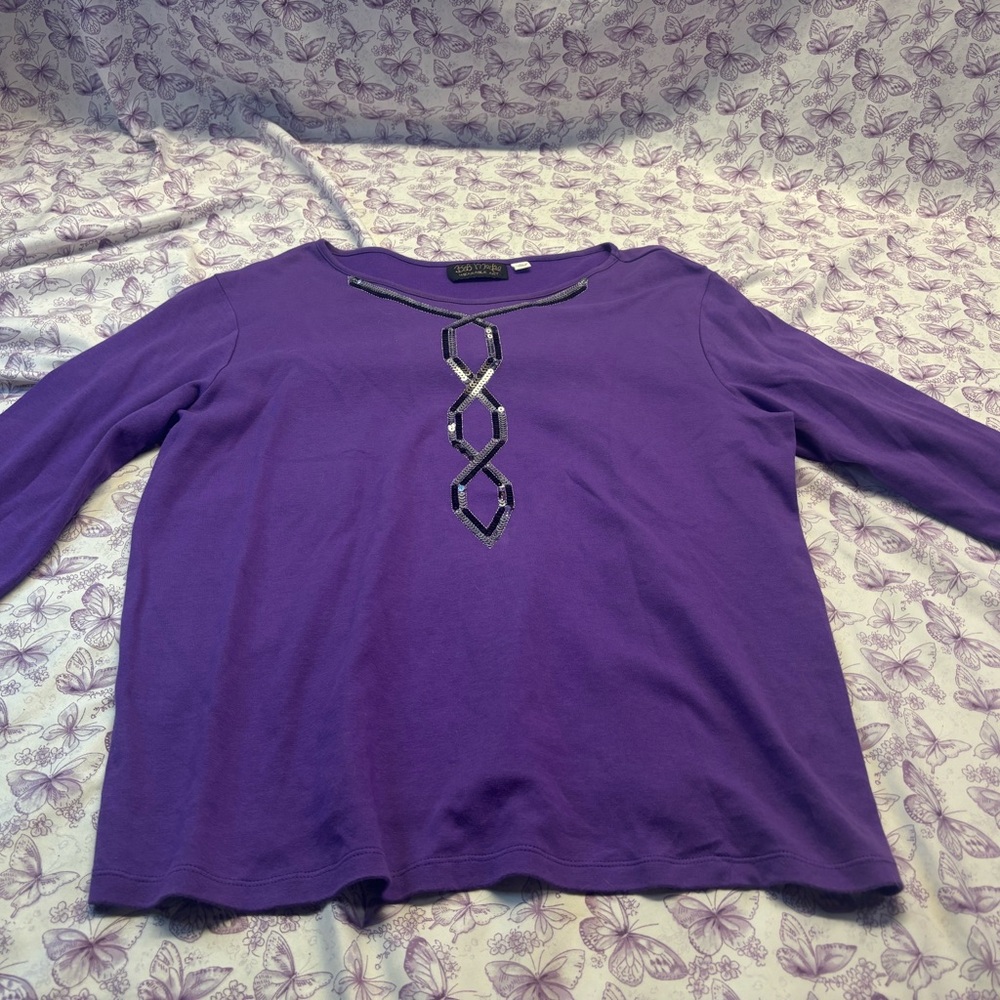 🕸️Bob Mackie Purple 3/4 Sleeve Top with Beaded Detail - Picture 1 of 3